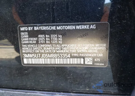 2021 BMW 3 Series M340I z USA, uszkodzony, nr VIN 3MW5U7J05M8B53354